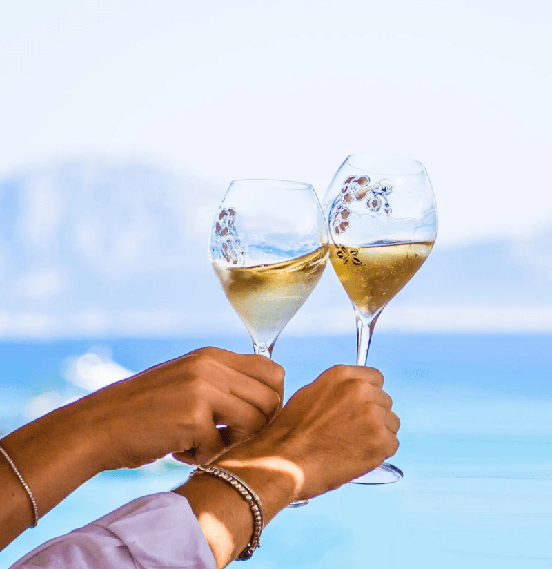 Wine glasses toasting by the sea