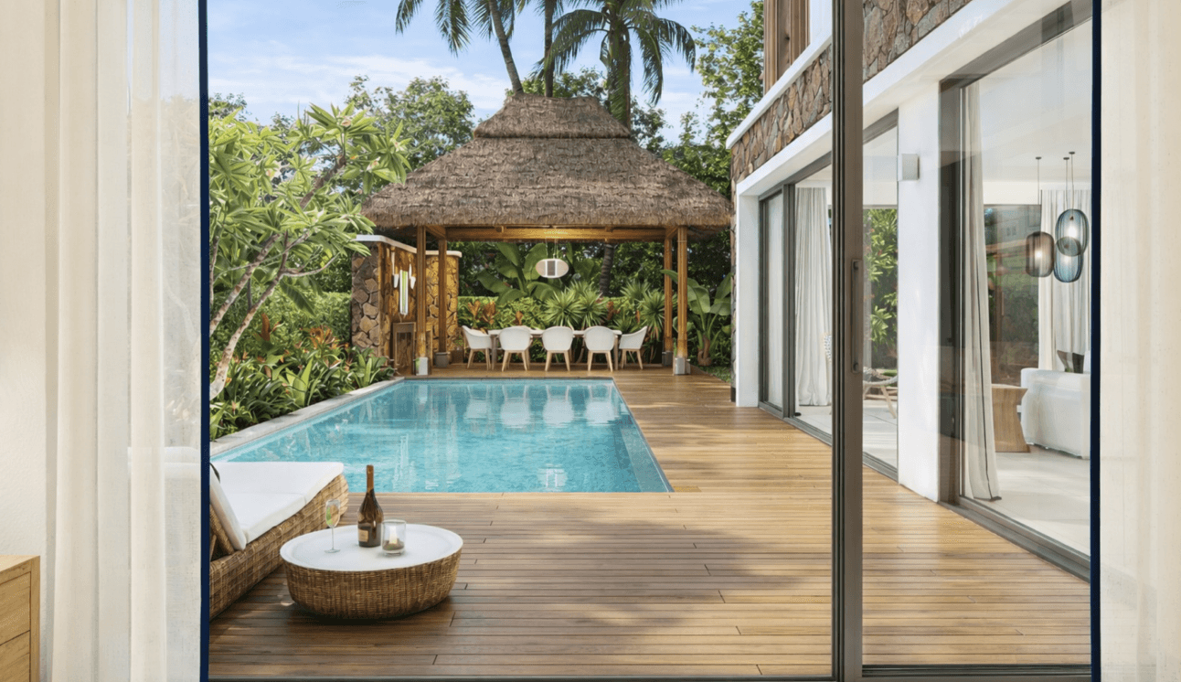 Private villa pool and tropical gazebo at Les Salines